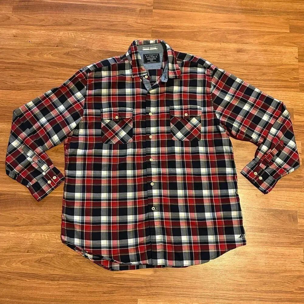 Nautica PlaidโLong-Sleeve Collared Button Down Shirt True Craftsmanship Sea Voya